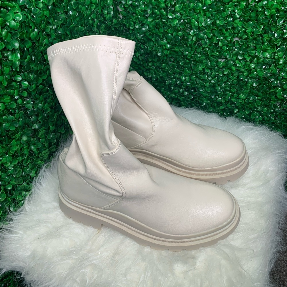 Vanilla PU Wave Sole calf High Ankle Sock Boots- Pretty little thing